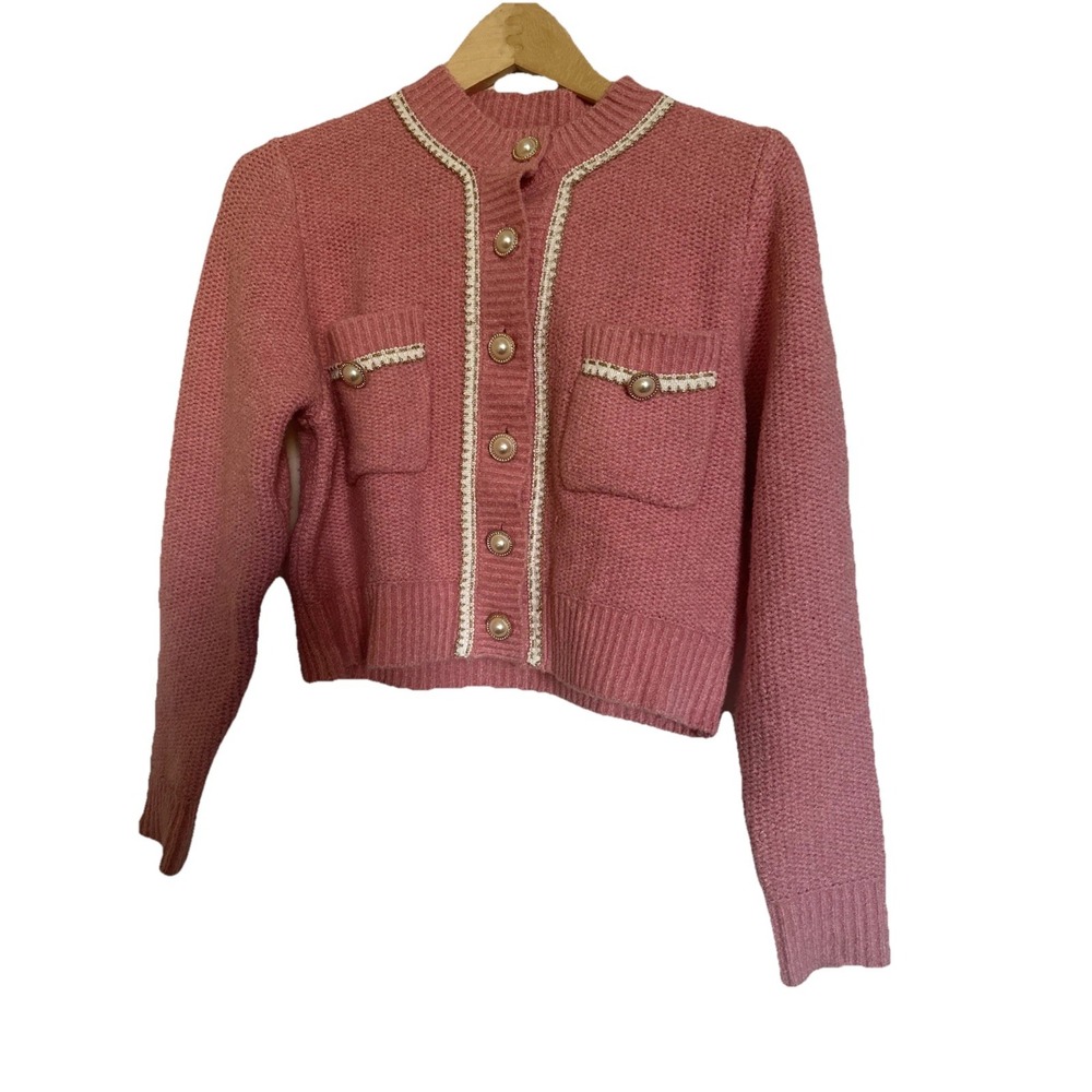 Elodie Pink White Classic Elegance Parisian Chic Cardigan Pearl Buttons Small - Picture 6 of 9